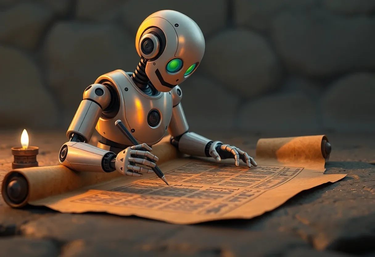 a robot writing on an ancient scroll animated