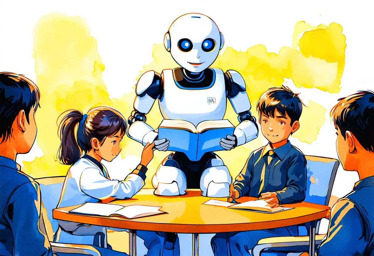 a robotic teacher reading a book to students waterpaint artstyle