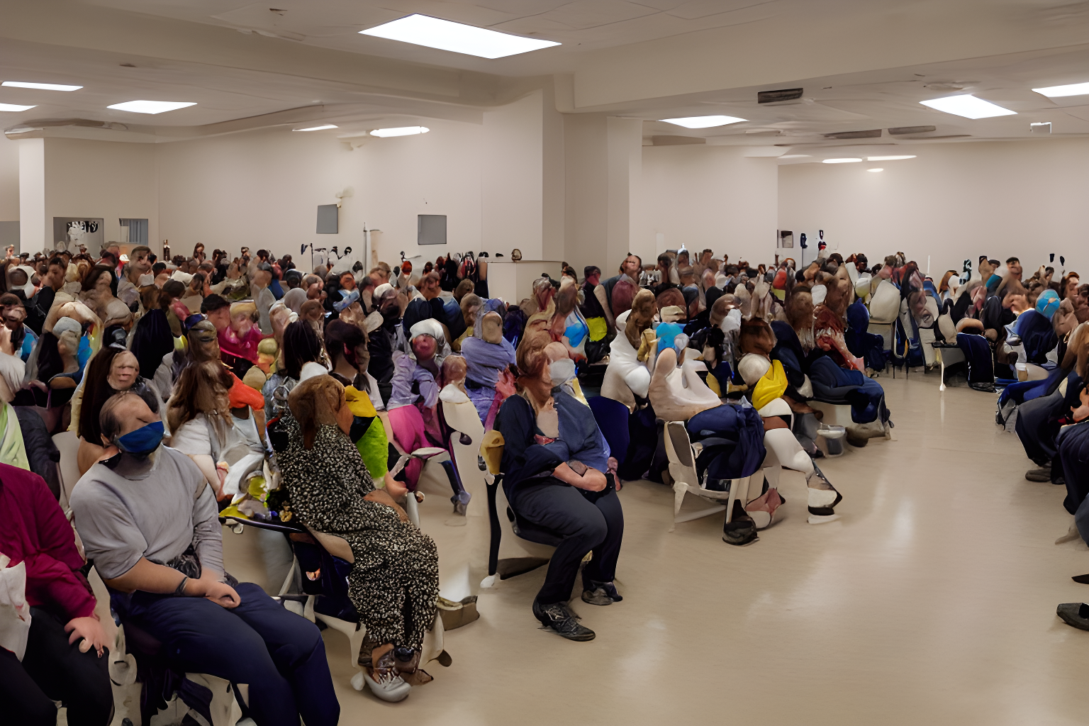 a room full of mental health patients waiting for their turn to meet a psychatrist who happens to be a humanoid robot in style of walt disney