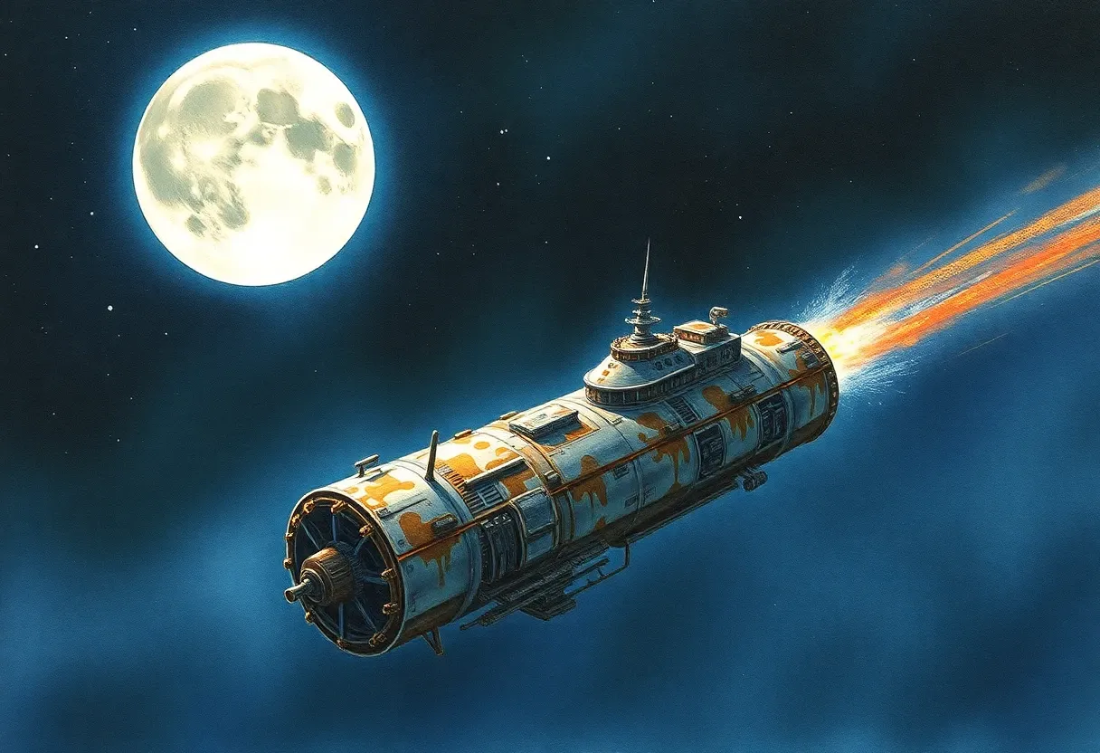 a rusty spaceship trying to make it to the moon waterpaint