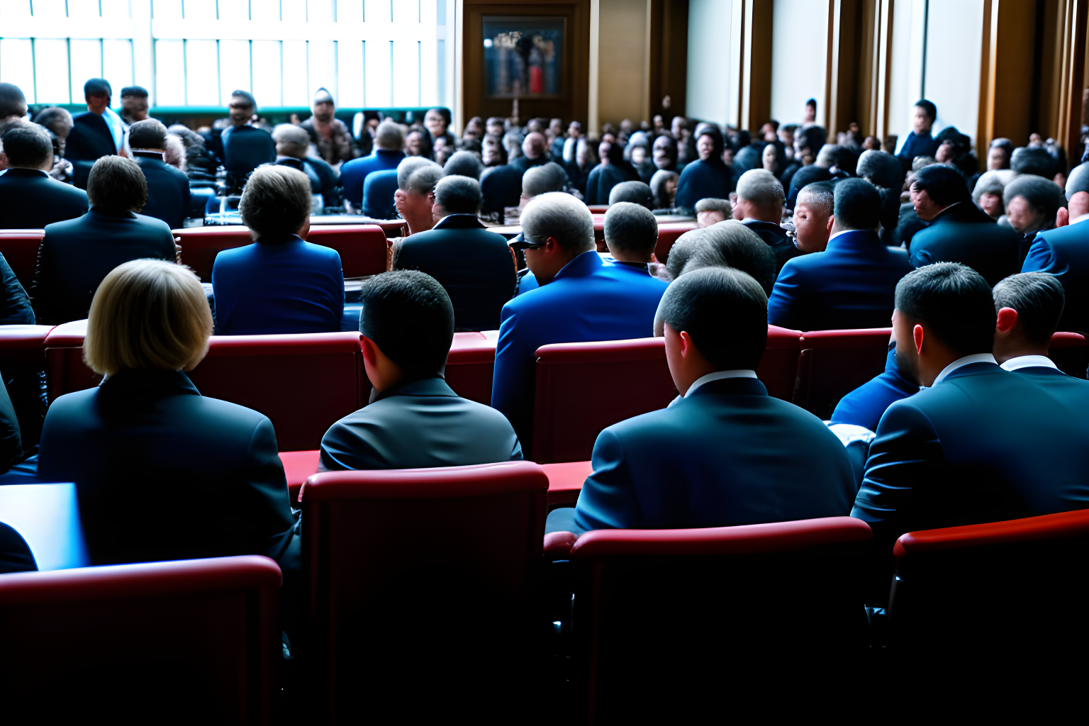 A scene involving U.S. lawmakers listening to a hearing by a company executive