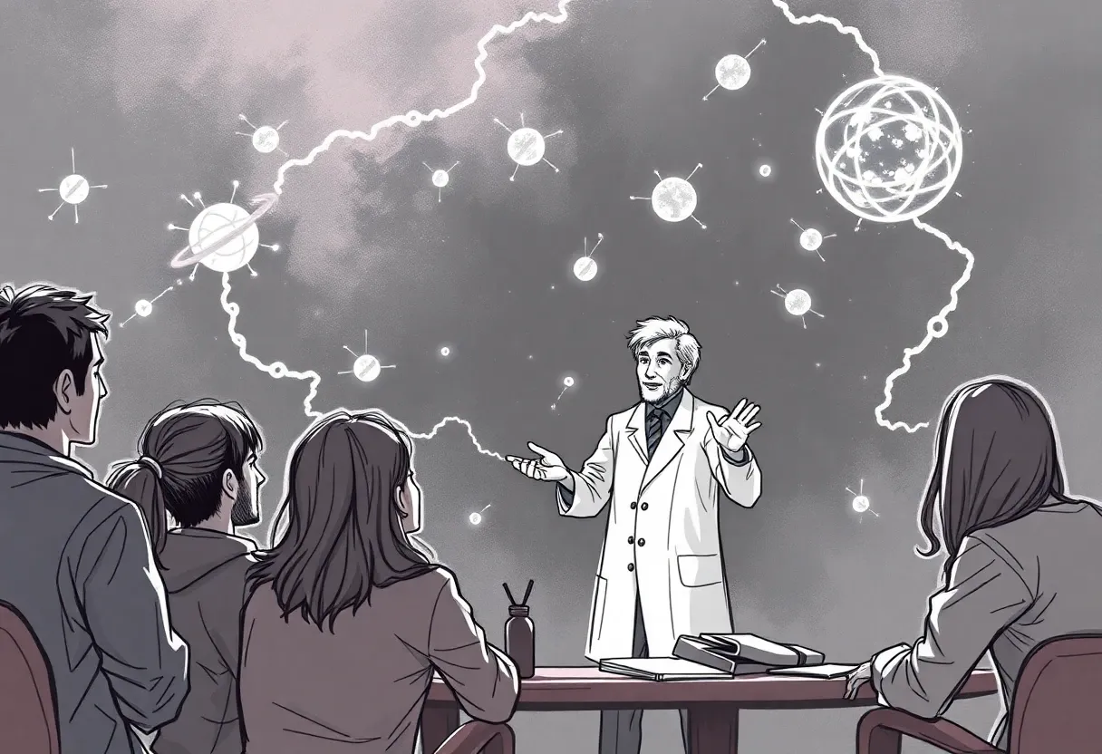 a scientist explaining dark matter to a group of students sketch artstyle