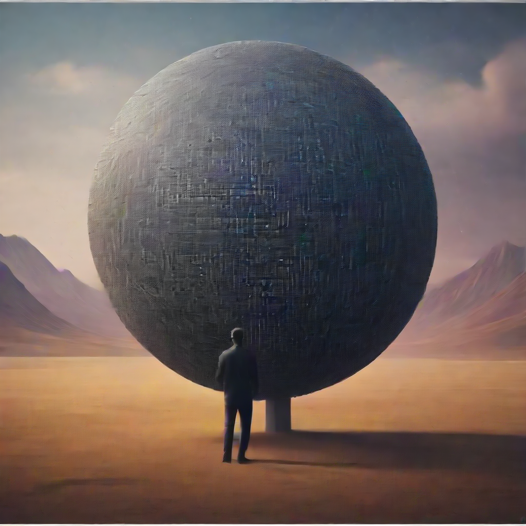 a scientist walking away from a big ball of matrix code in the air color