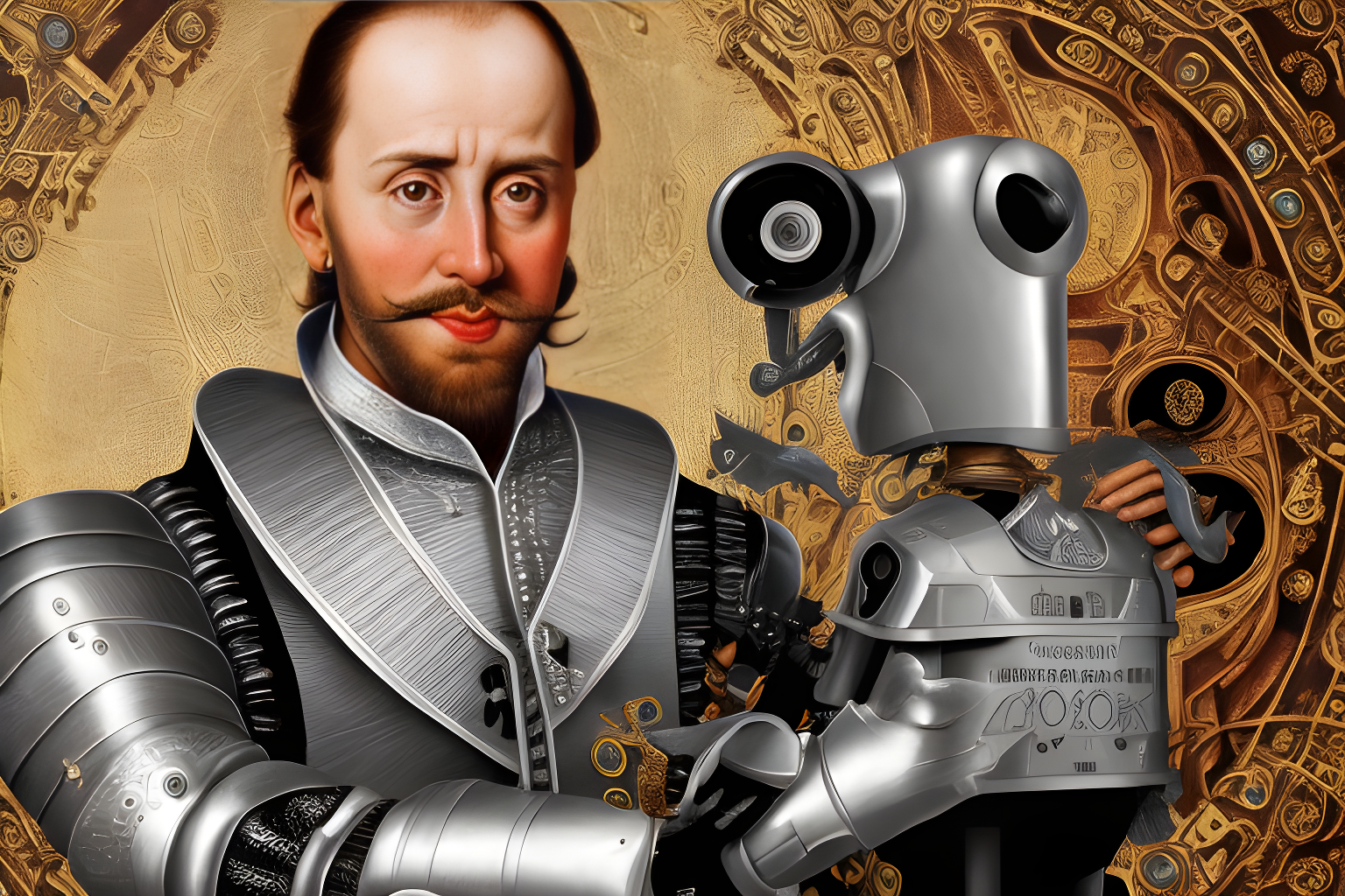 A Shakespearean bot holding a quill, standing in front of a futuristic, retro-style HackerNoon logo, with elements of technology and innovation in the background.