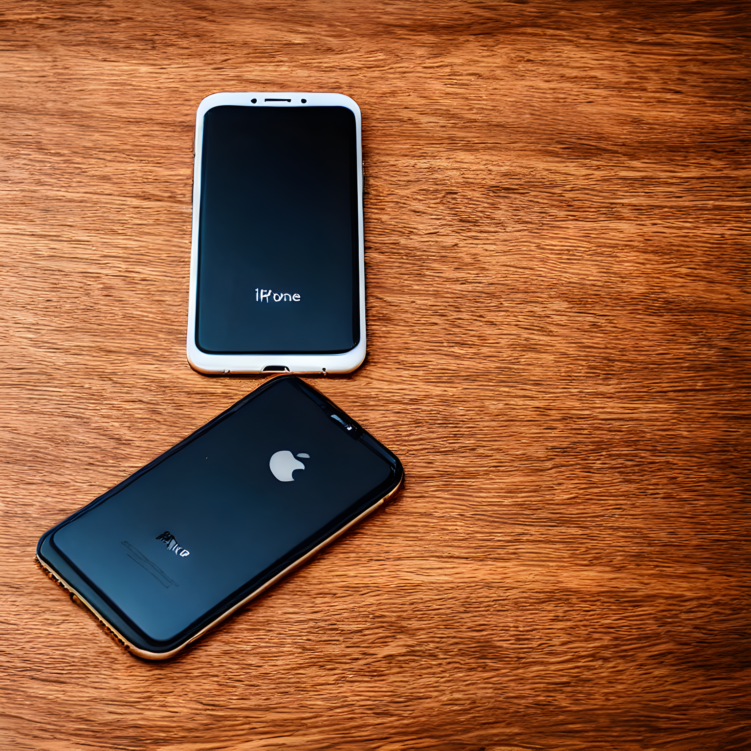 A shiny Iphone sitting in the middle of a wooden desk