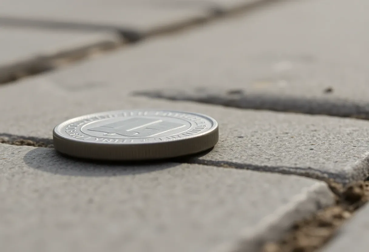 a single coin on a concrete pavement