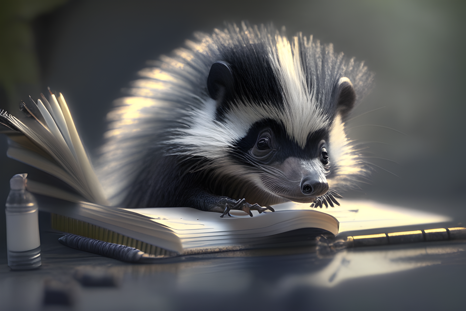 a skunk emerges from a notebook, 4k