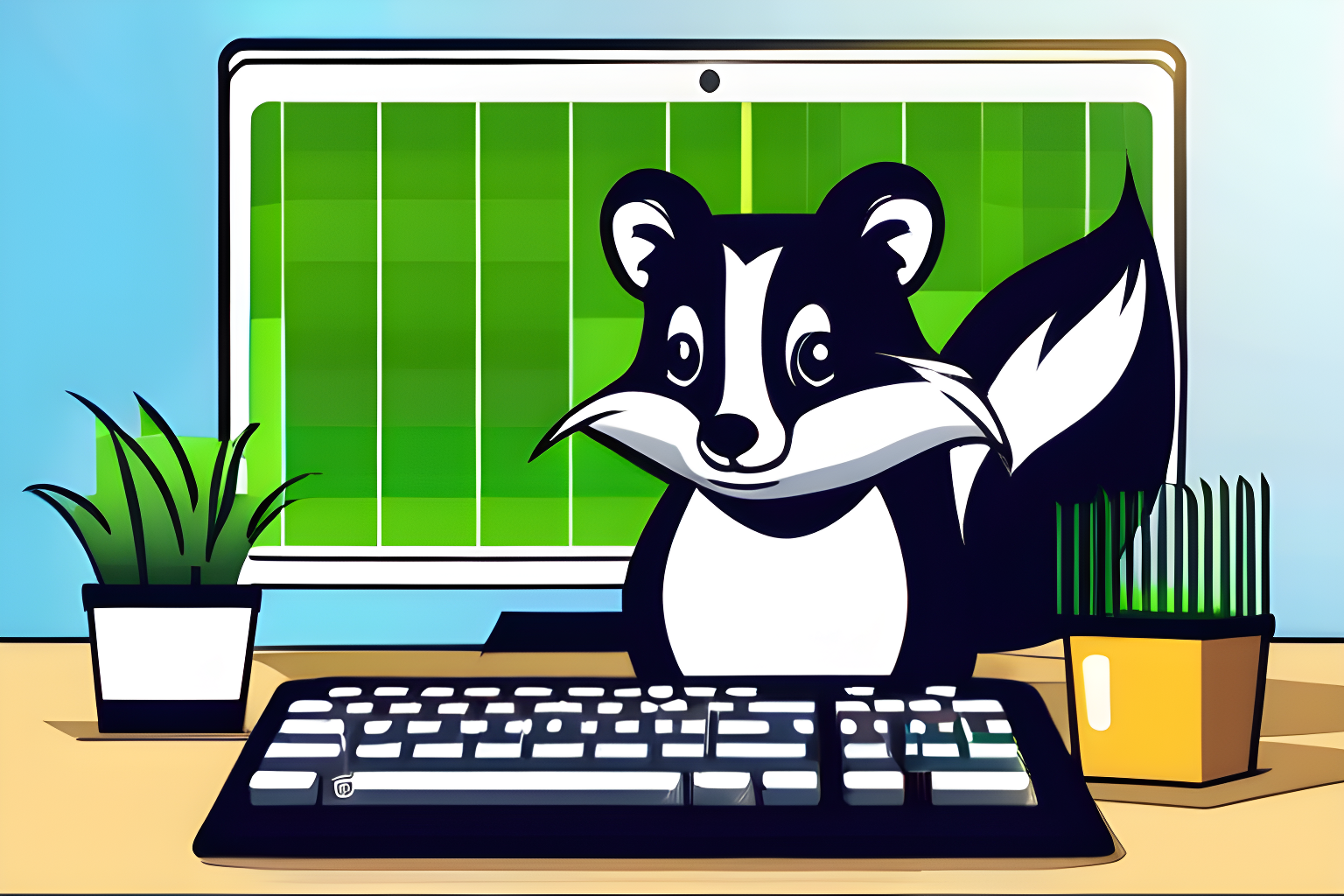 a skunk on a grass programming a computer 4k