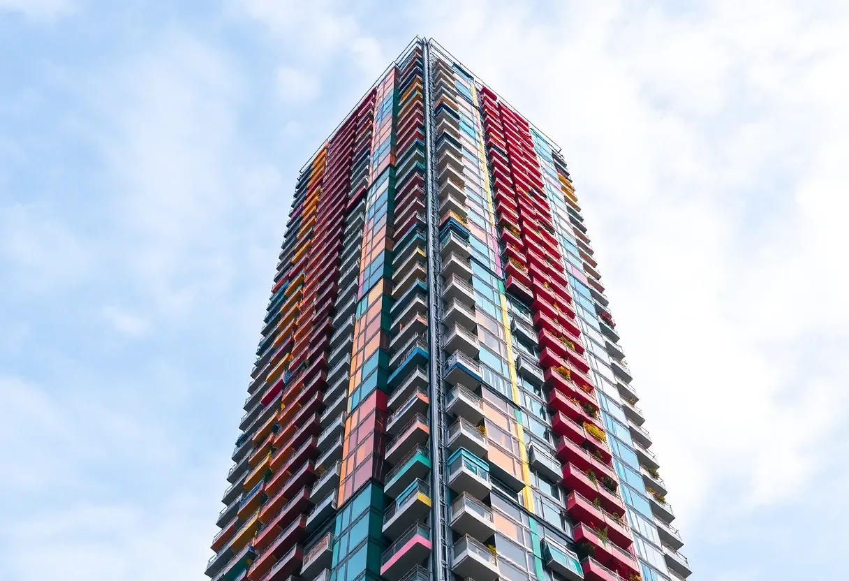 a skyscraper with a colorful mix of colors