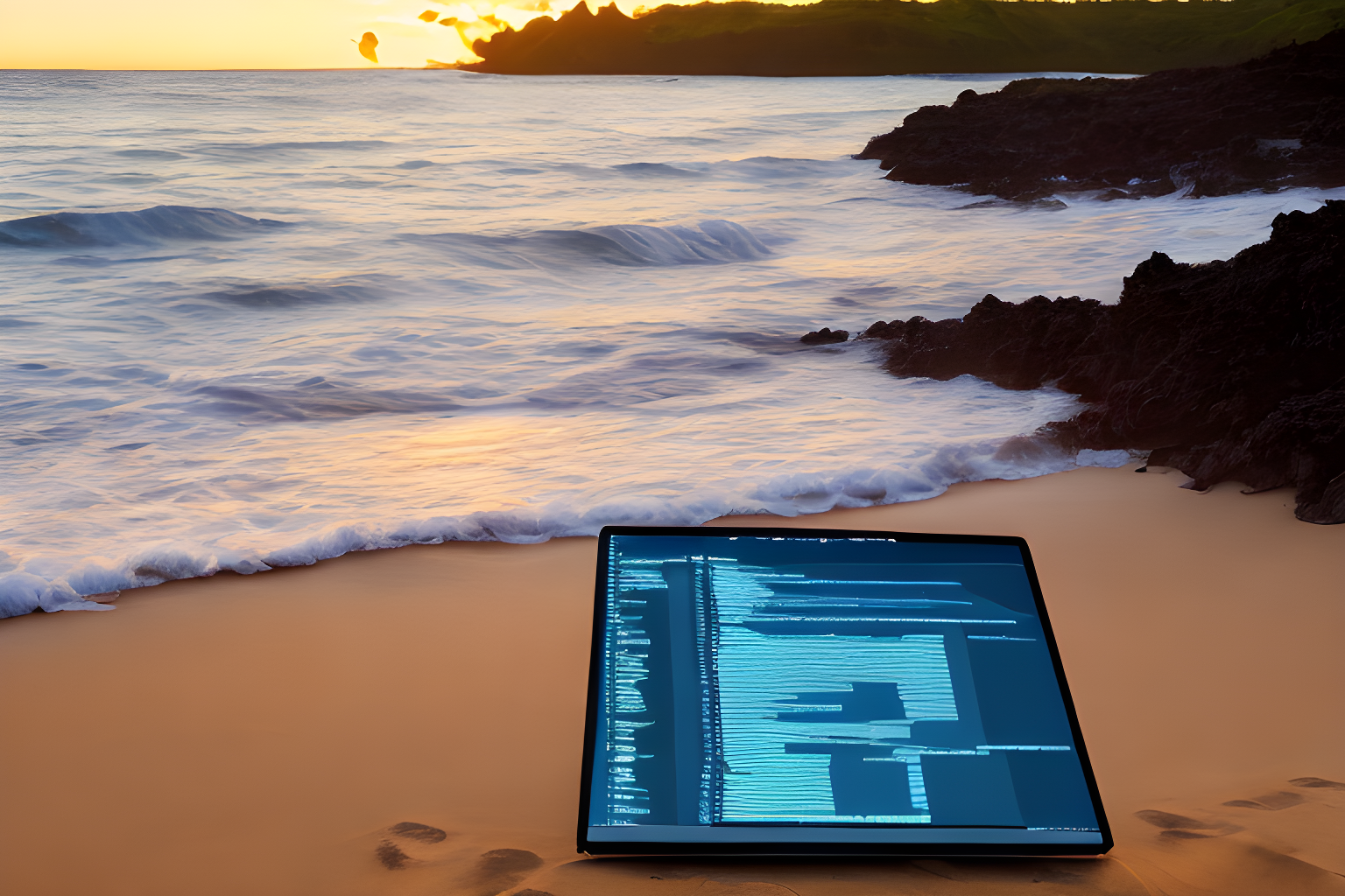 a software developer codes of a desktop at the most beautiful hawaii beach sunrise