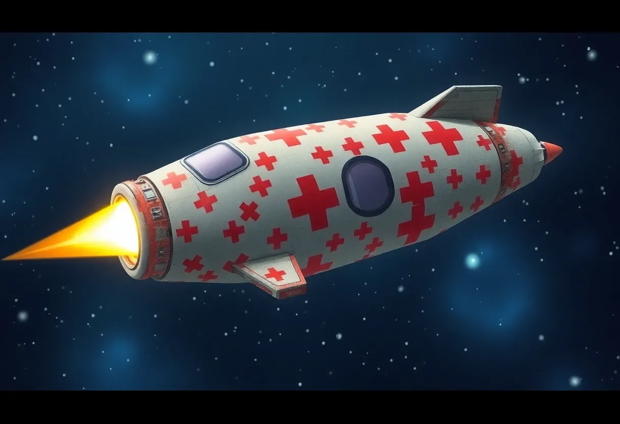 a spaceship covered in band-aids animated