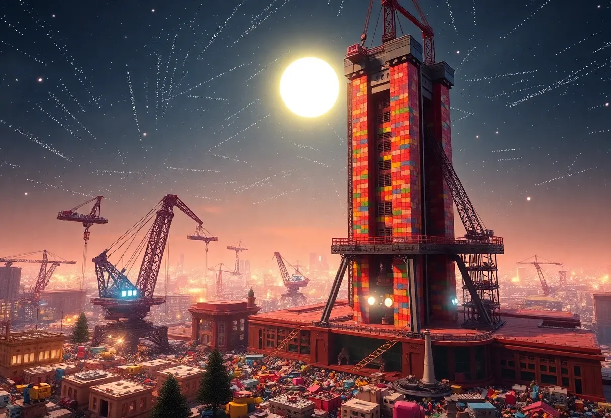 A sprawling lego landscape under a glowing, particle-filled sky, with neon lights illuminating the skyline, with suspended platforms and massive robotic arms lifting and placing pieces. Cranes work on a towering central structure, its vibrant bricks catching the light of an artificial sun.