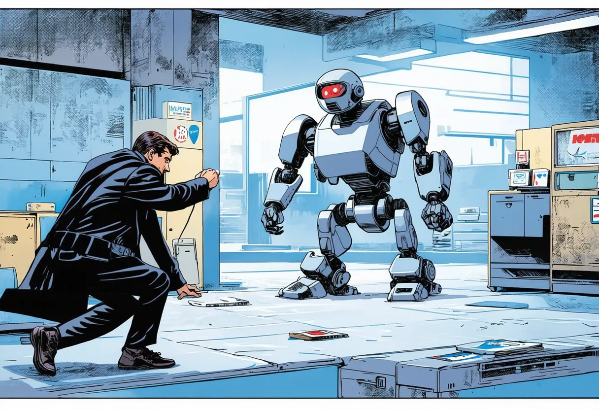 a spy sneaking past robots