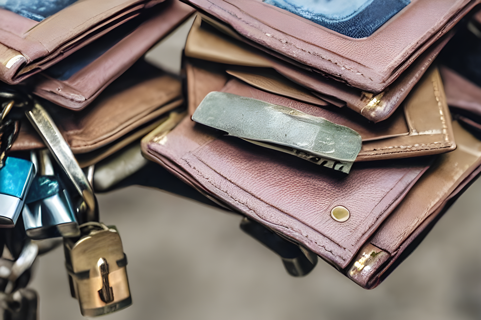 A stack of wallets held together by a padlock