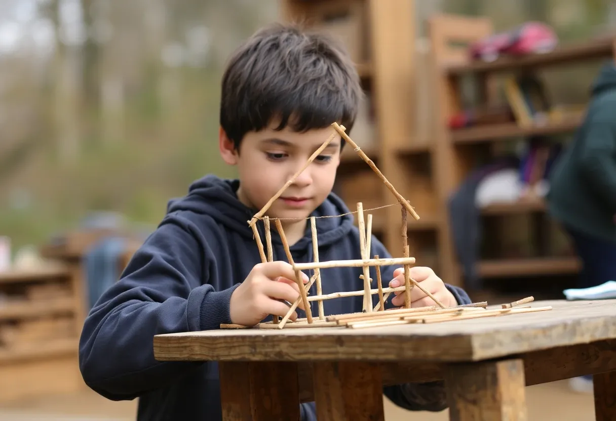 a student building a building out of sticks