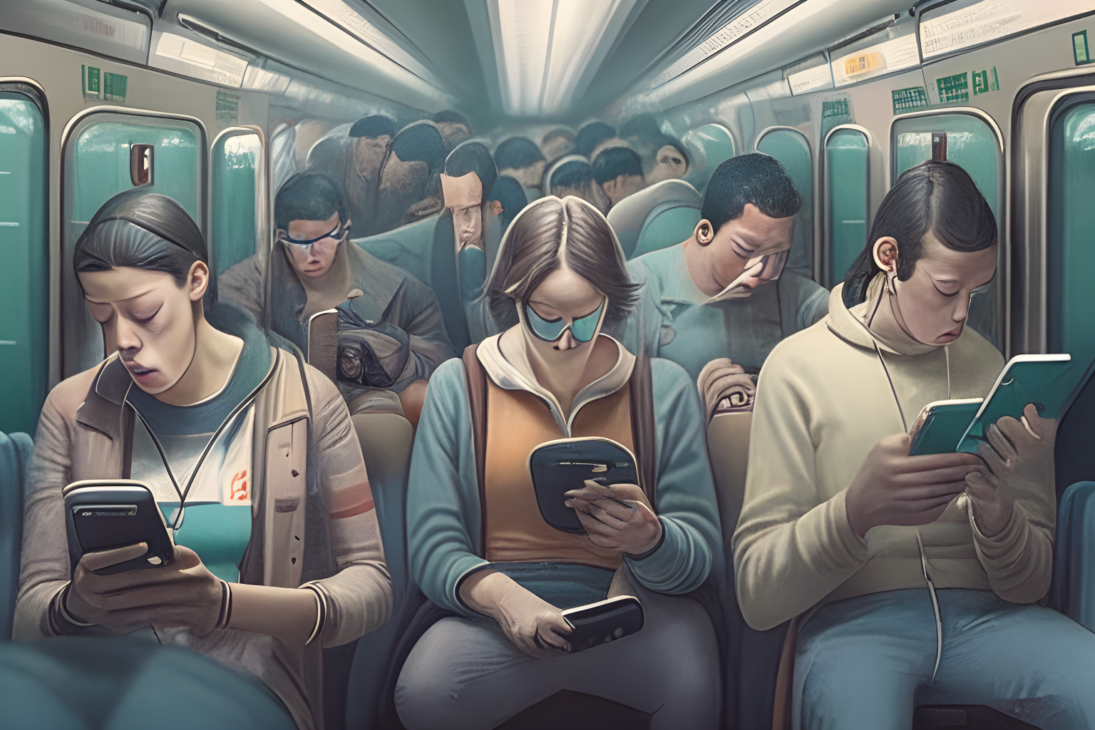 A subway train full of people using their phones