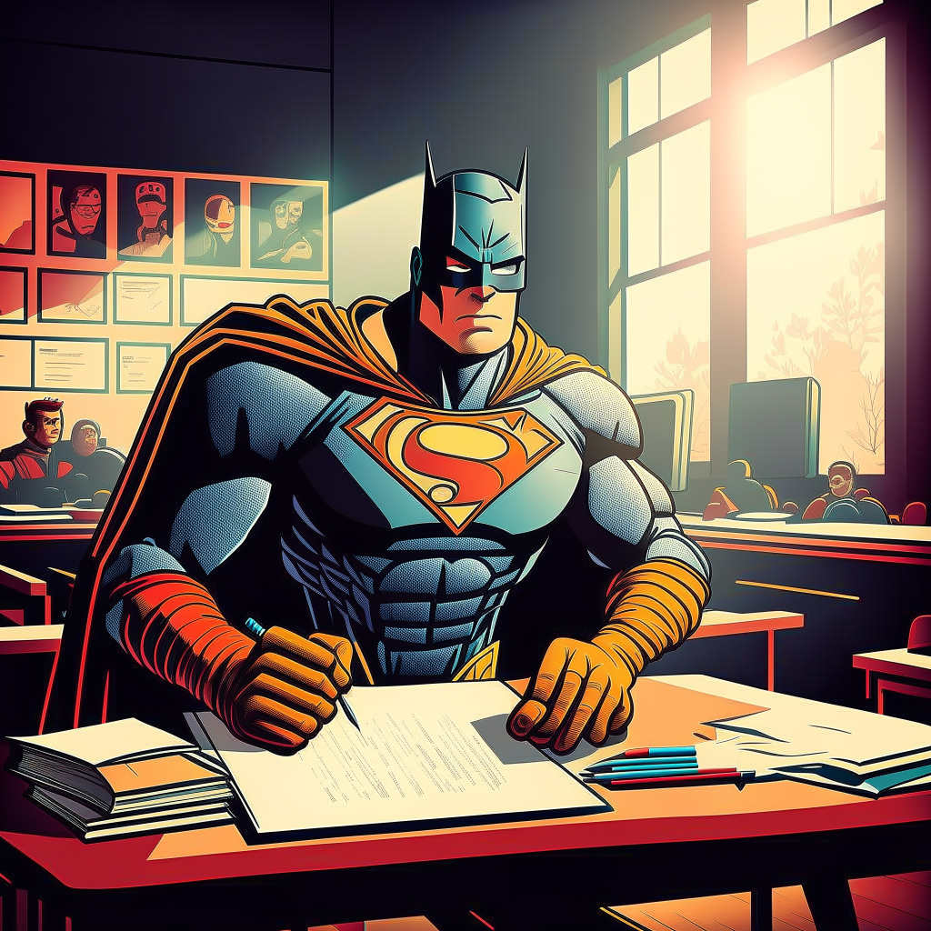 a superhero taking an exam in a classroom