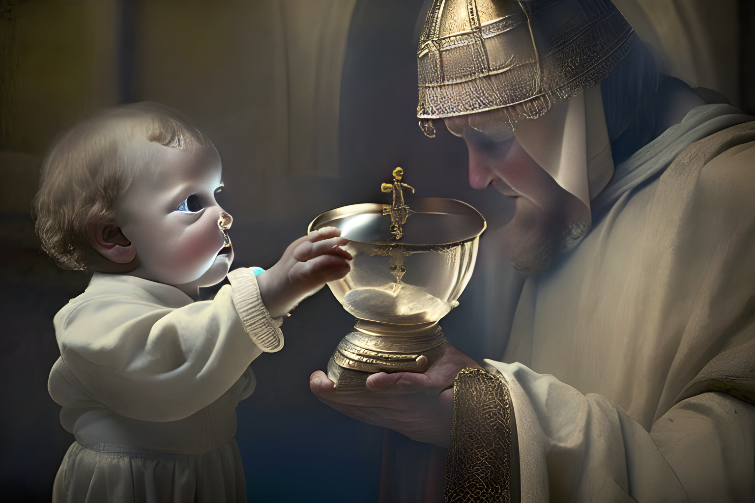 a teacher giving a holy grail to baby student