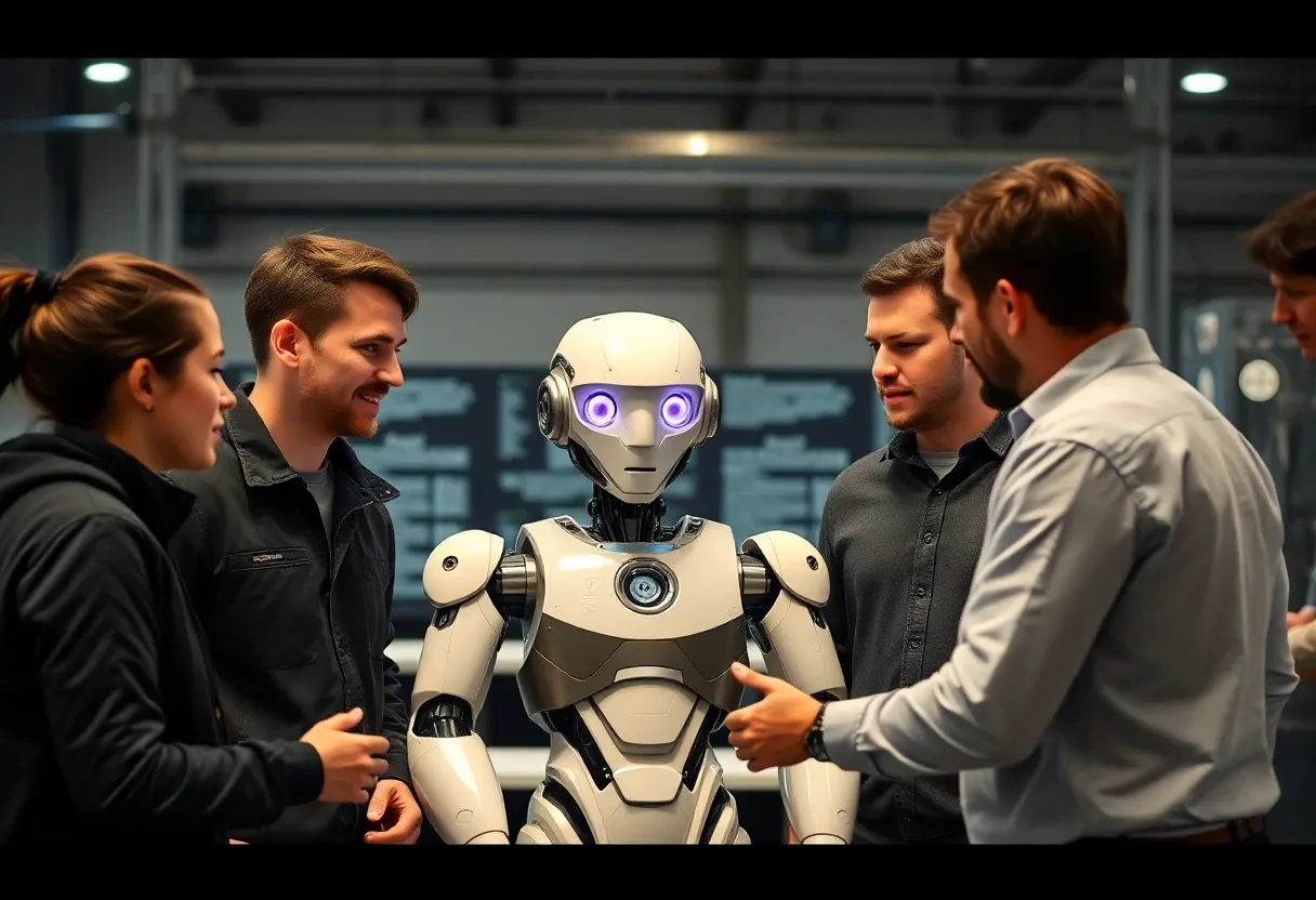 A team of engineerings talking with a robot