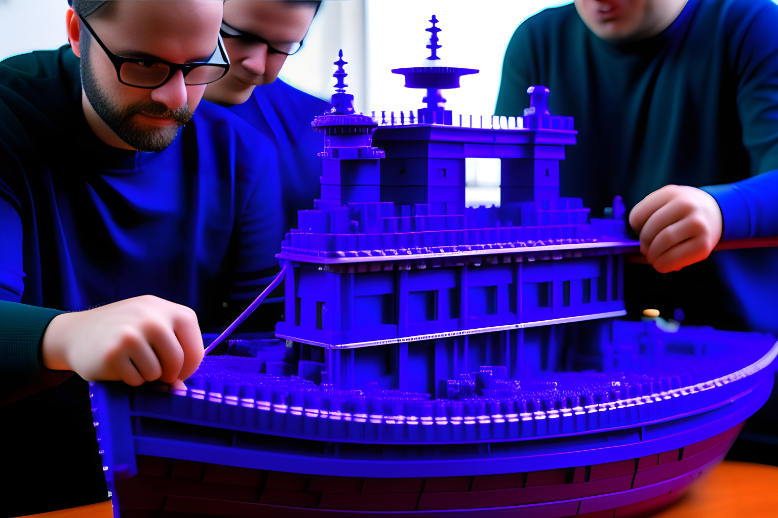 a team of ship builders building a purple ship togetehr