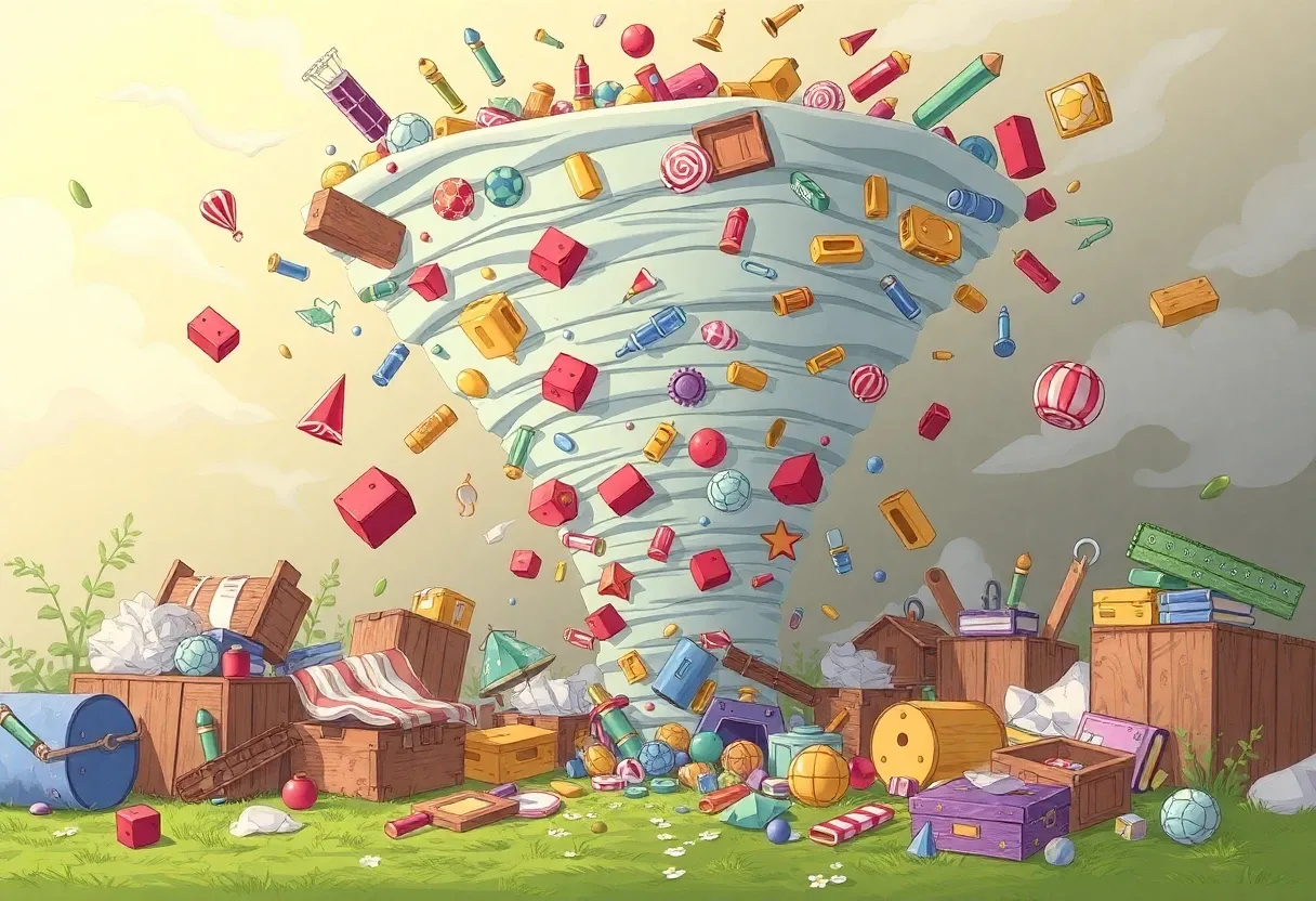 a tornado filled with random items animated