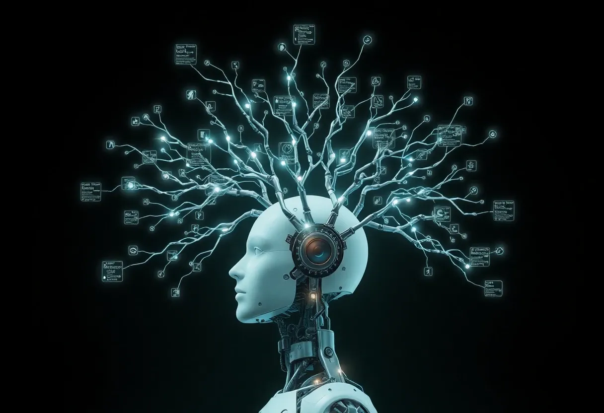 a tree of information branching out from a humanoid robot's head