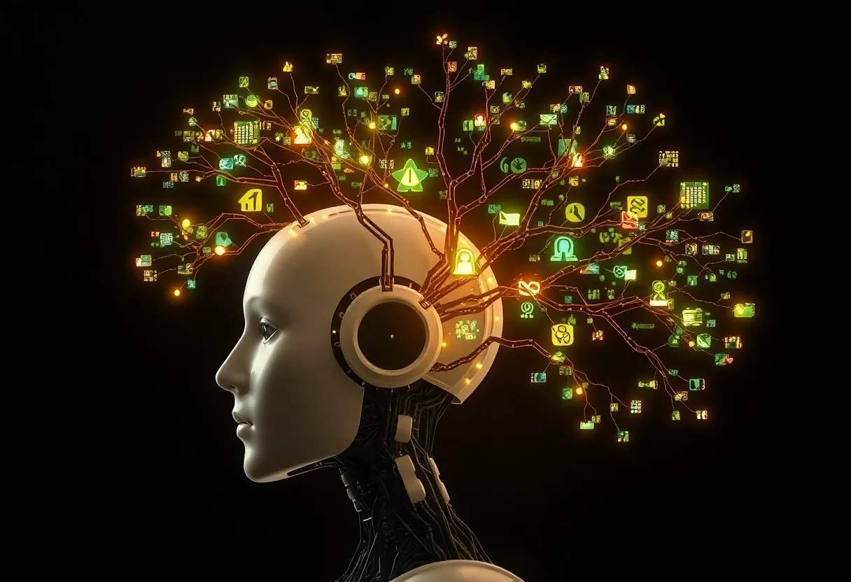 a tree of information branching out from a humanoid robot's head