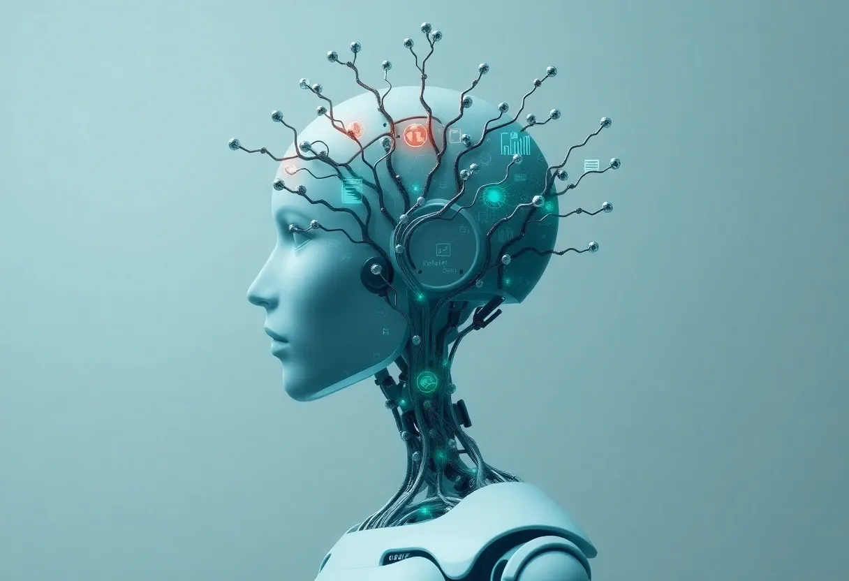 a tree of information branching out from a humanoid robot's head