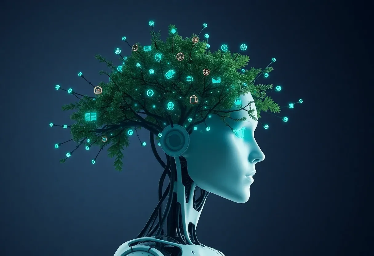 a tree of information branching out from a humanoid robot's head