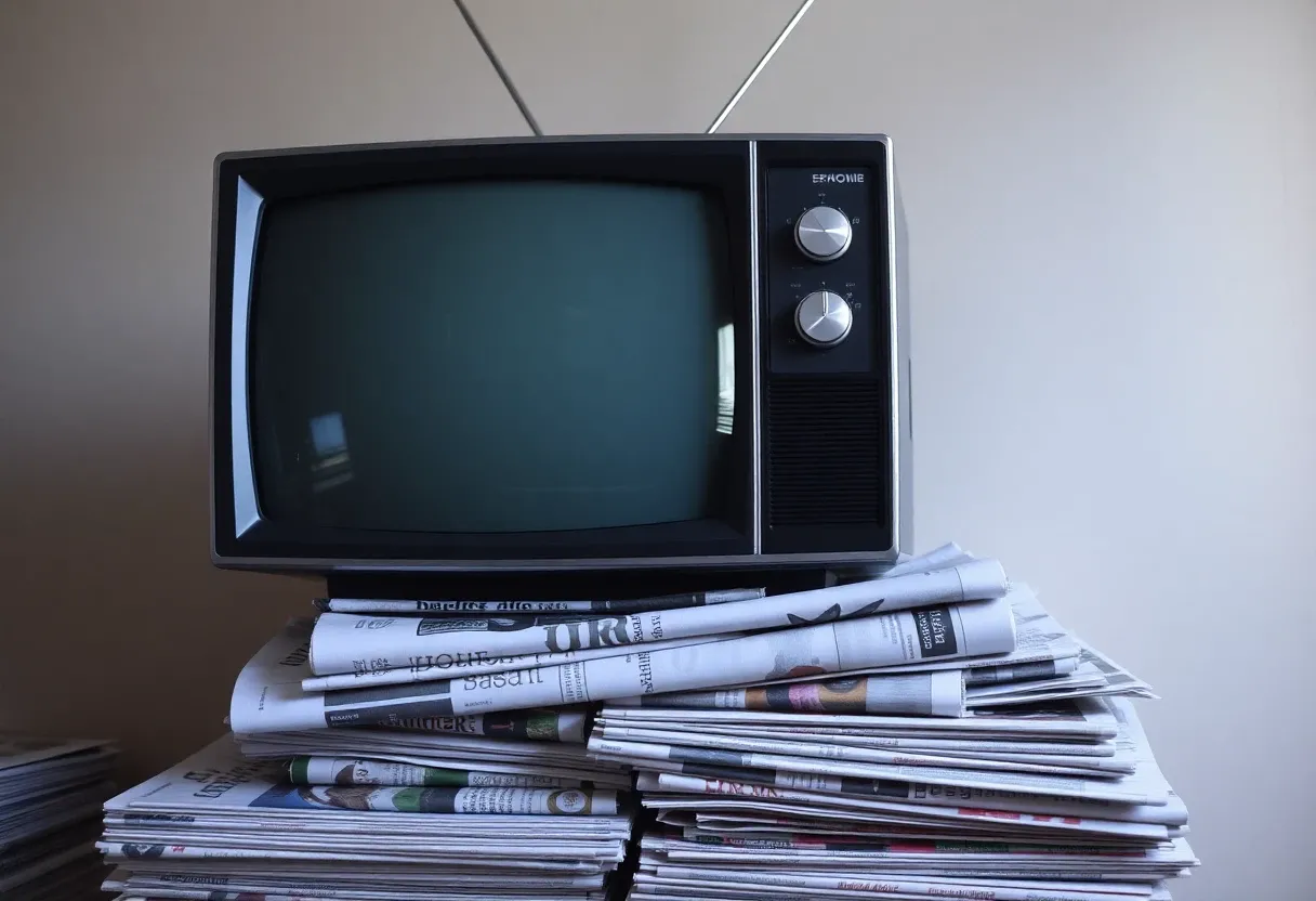 a tv on top of a stack of newspapers