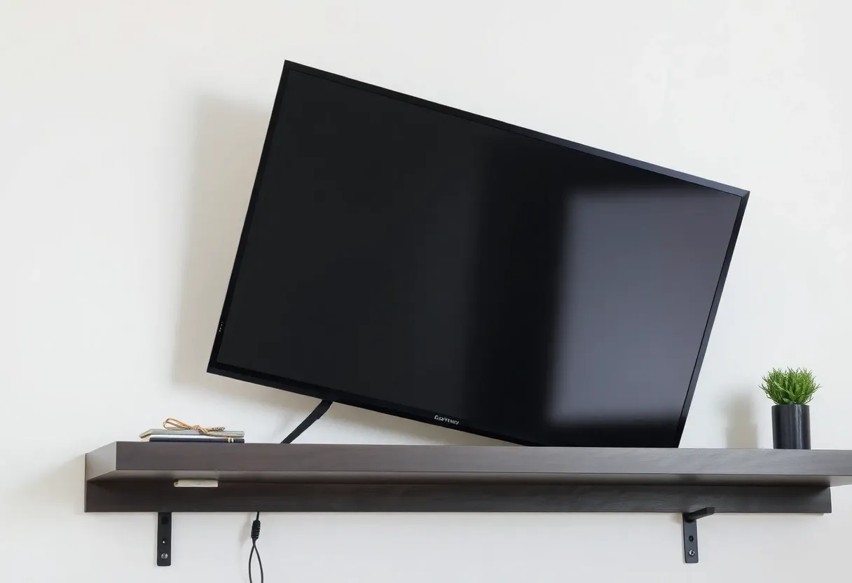 a tv slipping off a shelf