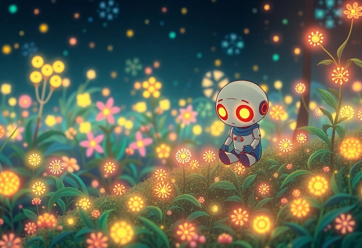"A vibrant 16:9 image in the iconic Studio Ghibli style. A small, charming, whimsical AI agent – perhaps a friendly automaton with glowing eyes, or a nature spirit woven from leaves and light – is thoughtfully and creatively tending to a complex, flowing garden of glowing, abstract data plants. In t