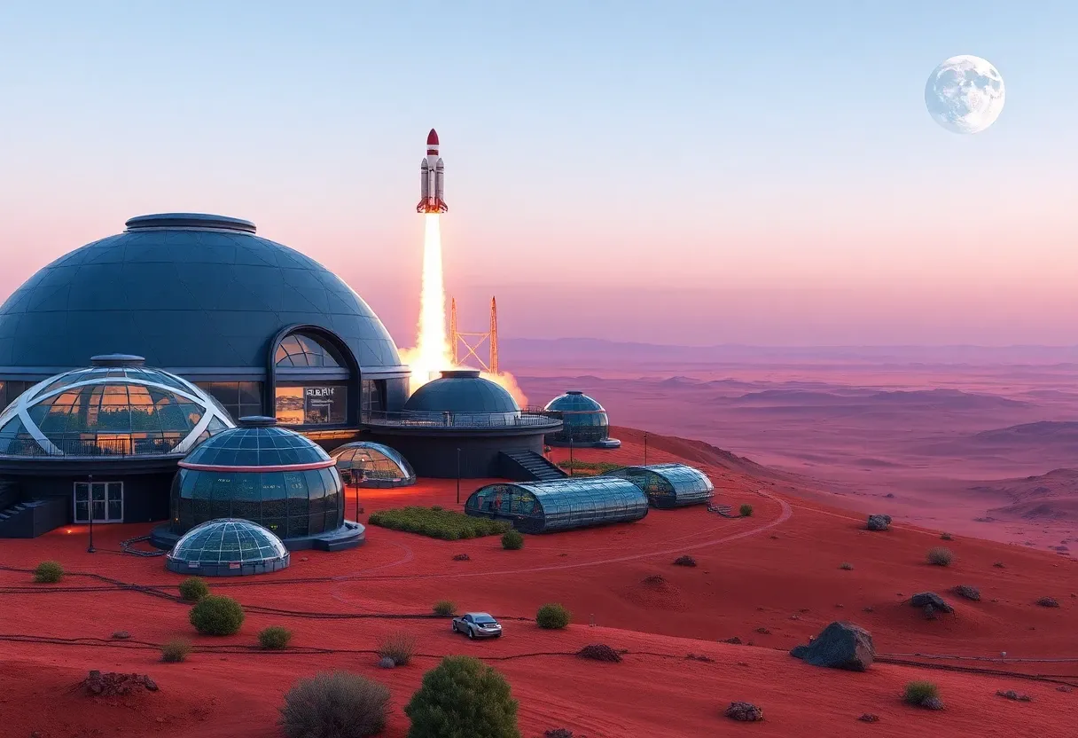 A vibrant, futuristic Mars colony with domed habitats, greenhouses, and SpaceX rockets launching in the background, with Mars' red landscape and distant Earth visible on the horizon. The scene is set at dusk, with a mix of advanced technology and space exploration.