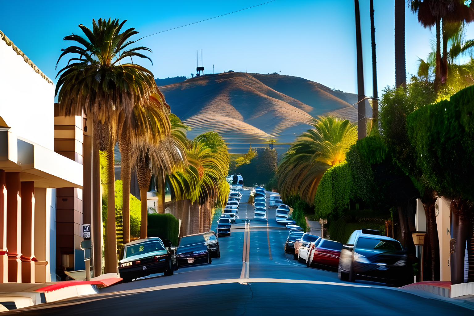 A view of the street in California with the big hollywood sign visible in the backdrop