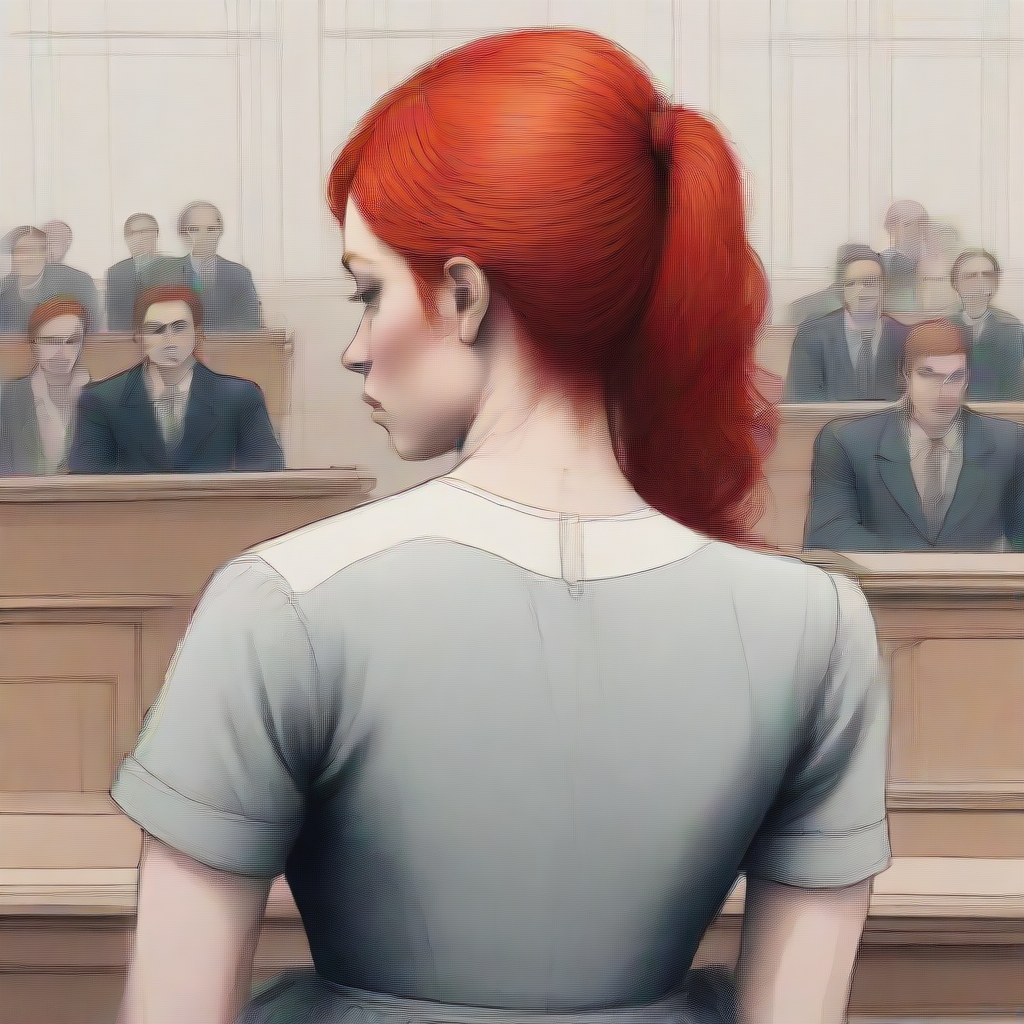 a woman with red hair in court, her back to the viewer