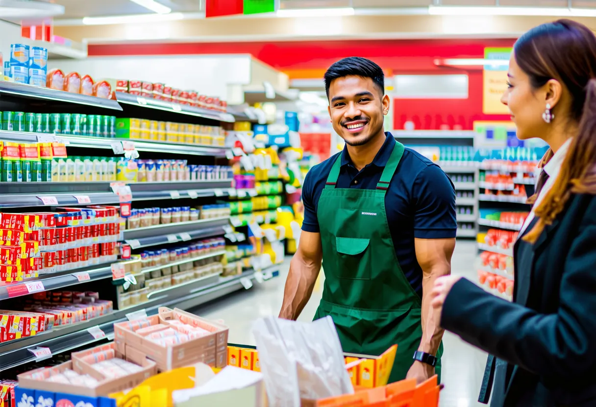 a worker welcoming a customer into the store