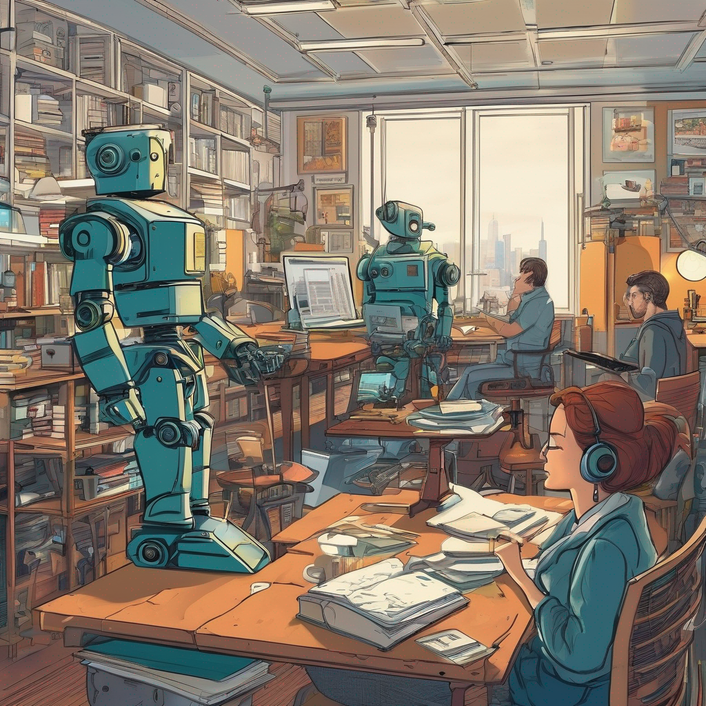 a writer's room filled with an equal number of people and robots