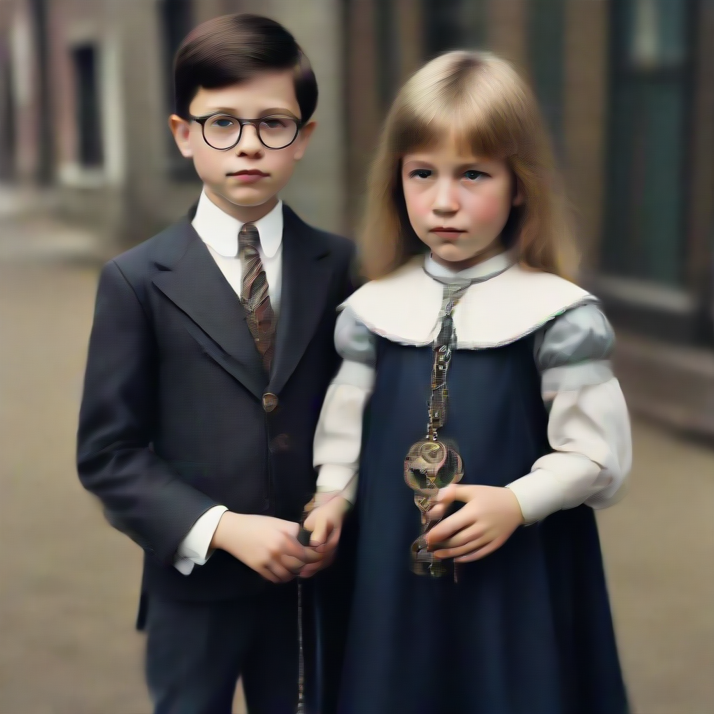 A young Nerdy Elon Musk wearing a cape and a monocle and holding the end of a watch chain and swinging a pocketwatch before the eyes of his little sister