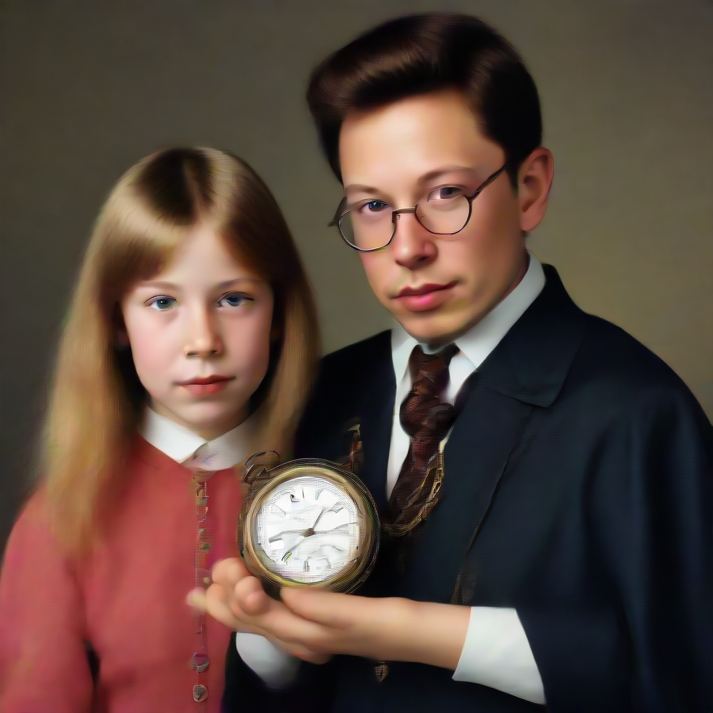 A young Nerdy Elon Musk wearing a cape and a van dyke beard and a monocle and swinging a pocket watch from a chain held by his left hand with the swinging watch in front of the eyes of his little sister
