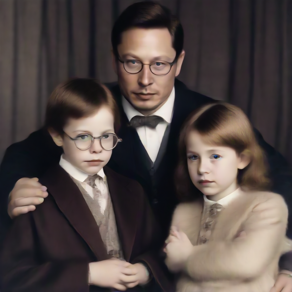 A young Nerdy Elon Musk wearing a cape and a van dyke beard and a monocle performing hypnosis with a swinging pocketwatch hypnosis on his little sister