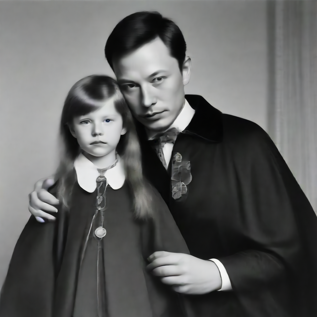 A young Nerdy Elon Musk wearing a cape and a van dyke beard and a monocle swinging a pocket watch in front of the eyes of his little sister