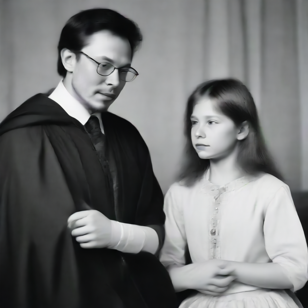 A young Nerdy Elon Musk wearing a cape and a van dyke beard performing hypnosis on his little sister