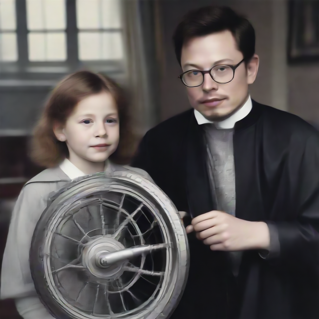 A young Nerdy Elon Musk wearing a cape and a van dyke beard performing with a spiral wheel or swinging pocketwatch hypnosis on his little sister