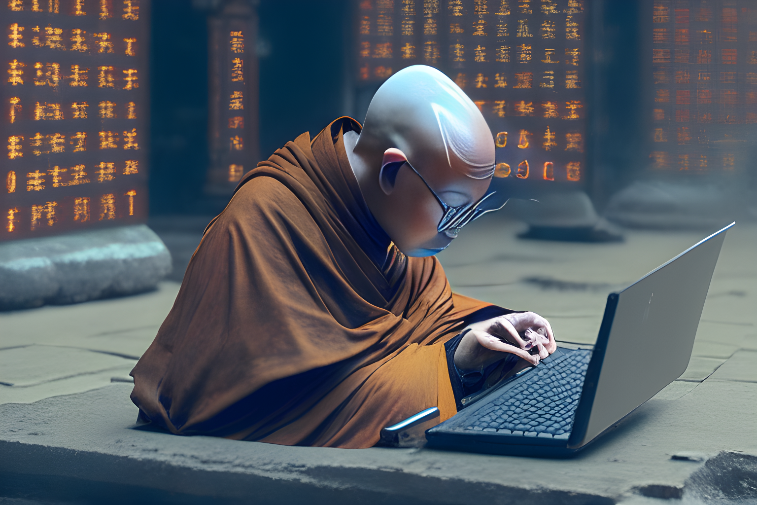 a zen monk writing code on a laptop