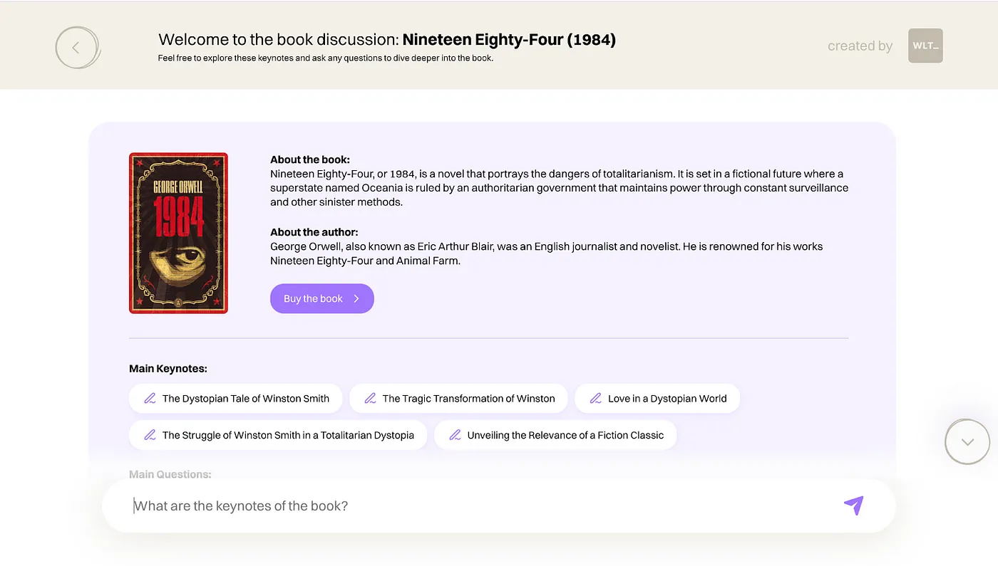 You can select any keynote to start a dialogue, choose from the main questions related to the book, or ask your own.