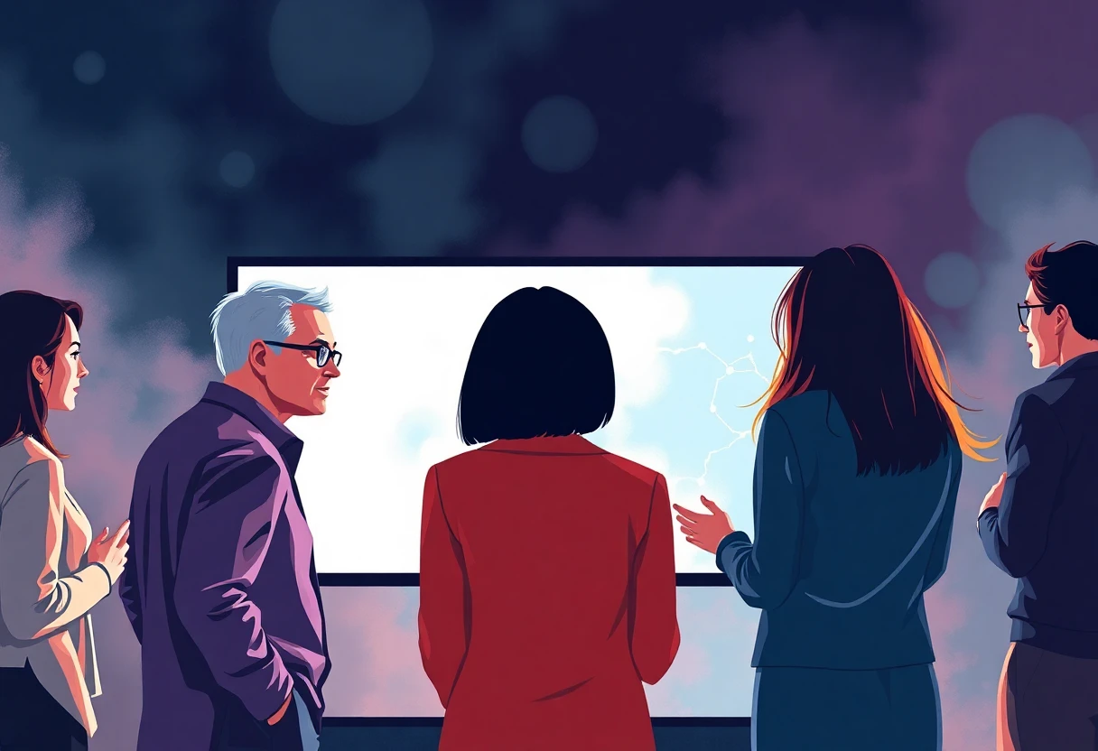 abstract style. founders of companies, both male and female, a group of 10, dramatic background. don't look at the screen. interacting with each other