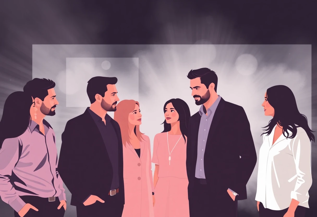 abstract style. founders of companies, both male and female, a group of 10, dramatic background. don't look at the screen. interacting with each other