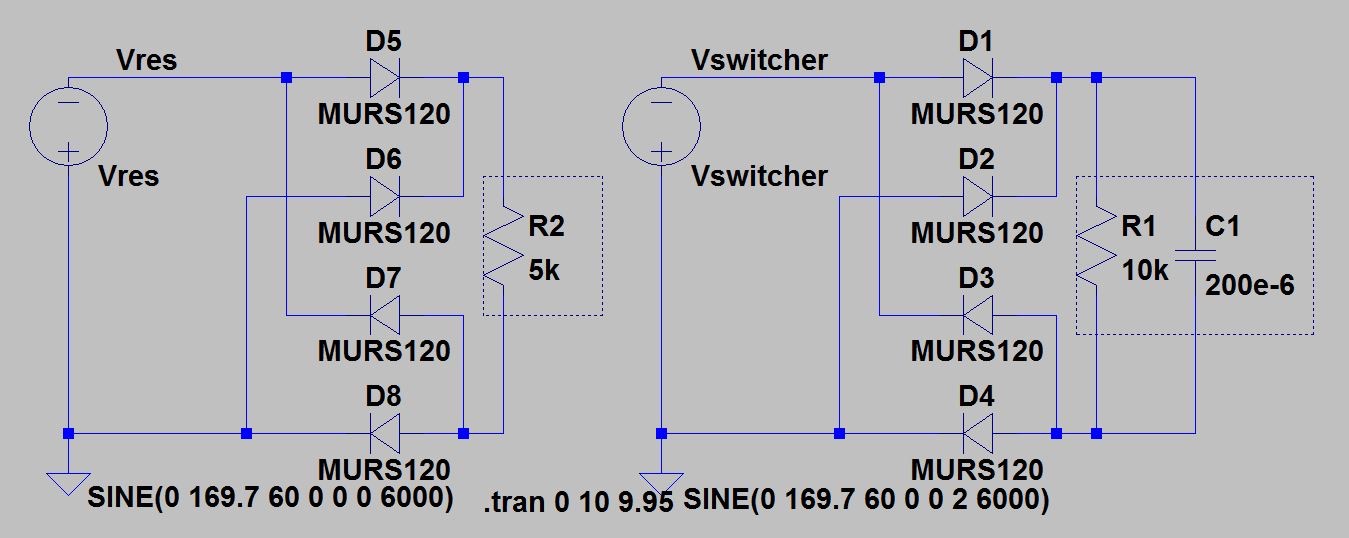 Figure 3 — LTSpice model of 120 VAC and bridge rectifier driving a resistive load and a parallel