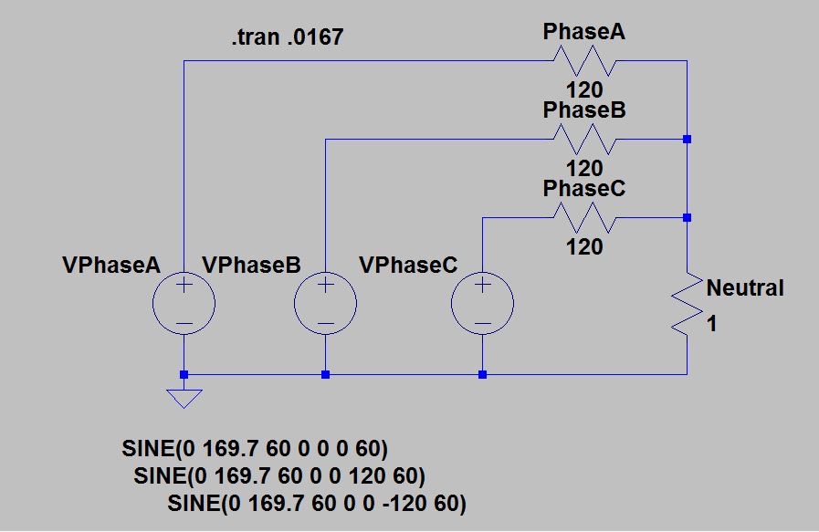 Figure 7 — LTspice model of 3 phase, “WYE” connected load.