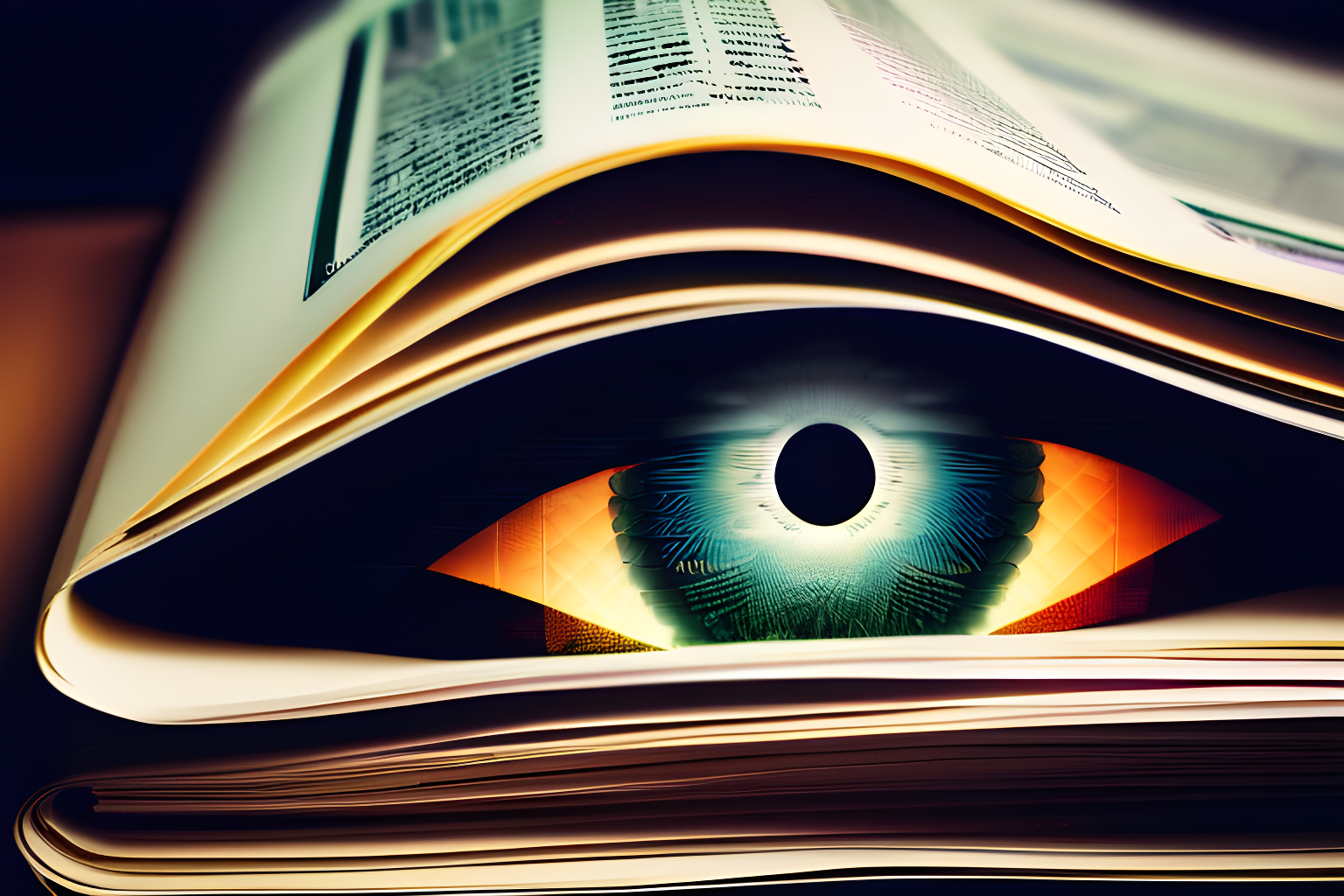 All seeing eye looking through a stack of office documents